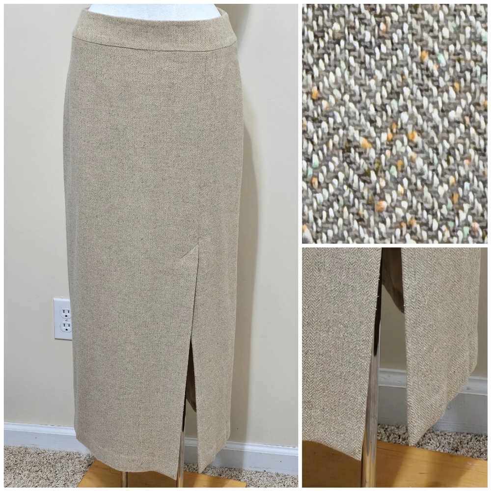 Ann Taylor Maxi Skirt Sz 6 Silk/Wool Herringbone Cream Slit Academia Old Money